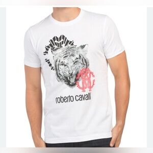 Roberto Cavalli White Crewneck T-Shirt with Black and Red Tiger Graphic